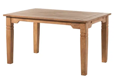 A wooden dining table on a white background.