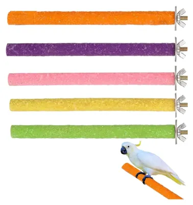 Produktbild von 5 Stück Sitzstangen für Vögel, Papageien und Wellensittiche, Natur, Mehrfarbig (Lila, Pink, Orange, Gelb, Grün), Holz, Quarzsand
