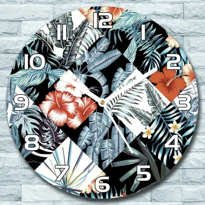 Produktbild von Wanduhr aus Glas Rund fi 30 Tropische Patchwork Quarz Deko Wohnzimmer Büro