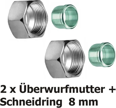 Two sets of plumbing fittings, each consisting of a nut and a ring, are displayed against a white background. Text below the image describes the product.