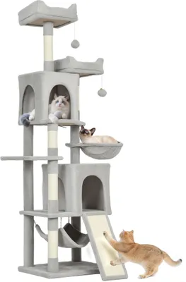 Image de PawHut Arbre à chat hauteur 177 cm, tour de jeux pour chat, 3 platesformes, 2 niches, 2 lits, 2 hamacs, 1 échelle et 2 balles en peluche, griffoirs en sisal, plusieux niveaux, gris clair