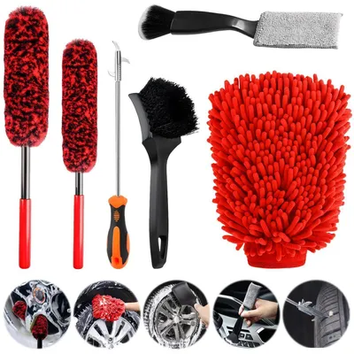 Immagine prodotto di Kit di pulizia per auto, composto da 6 pezzi, per interni ed esterni, con spazzole per cerchi, spazzola per pneumatici e guanto da lavaggio