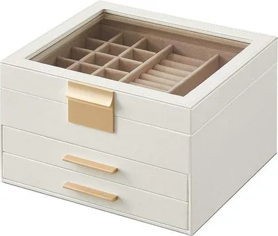 Image de Boîte à bijoux avec 3 niveaux et couvercle en verre - 2 tiroirs - espace de rangement - moderne - blanc laiteux - JBC239WT