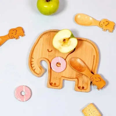 Produktbild von Sass & Belle Bambus Kinder Geschirrset Elefant Teller und 3 Löffel