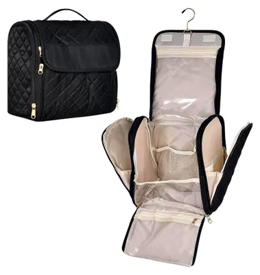 Produktbild von Hängender Kulturbeutel mit Haken, Schwarze Kosmetiktasche für Damen und Herren, Große wasserdichte Waschtasche, Faltbar für Reisen