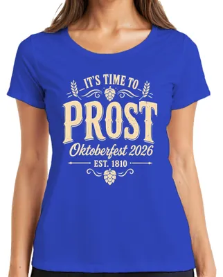 Zdjęcie produktu dla Koszulka damska "It's Time To Prost 2026", motyw: festiwal piwa, tradycyjny strój bawarski (Lederhose, Dirndl), kolor: niebieski, rozmiar: S