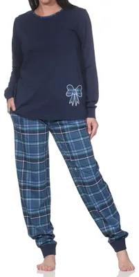 Produktbild von Damen Schlafanzug mit Bündchen und Karohose  - Pyjama auch in Übergrössen ; marine , 60