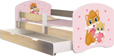 A child's bed with a pull-out drawer, featuring cartoon cat illustrations.