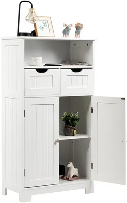 Produktbild von KOMFOTTEU Badezimmerschrank mit 2 Schubladen &1 Schrank & 1 offenen Regal, Badschrank 60 x 30 x 109 cm, Standschrank aus Holz, Aufbewahrungsschrank für Wohnzimmer, Schlafzimmer, Küche (Weiß)