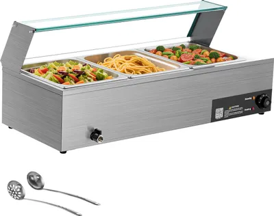 Image de SucceBuy Chauffe-plats commercial (3 récipients de taille 1/2), récipient chauffant électrique de 1,5 kW en acier inoxydable avec couvercle en verre et louche, chafing dishes pour traiteurs, restaurants et fêtes