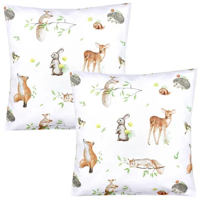 Produktbild von TupTam Kinder Kissenbezug Dekorativ Gemustert mit Hotelverschluss 2er Set, Farbe: Waldtiere/ Igel/ Reh/ Fuchs/ Kaninchen/ Beige, Größe: 40 x 60 cm