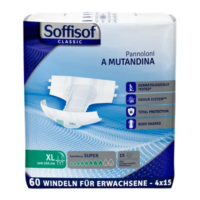 Zdjęcie produktu dla Soffisof Classic pieluchomajtki dla dorosłych Super XL - 90x majtki chłonne - 6 opakowań po 15 pieluch dla dorosłych, 8 kropli - jednorazowe majtki chłonne