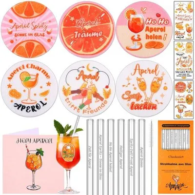 Produktbild von Aperol Spritz Gläser und Untersetzer, 12 Stück, inkl. Glassticker, für Damen und Herren, Party-Accessoires