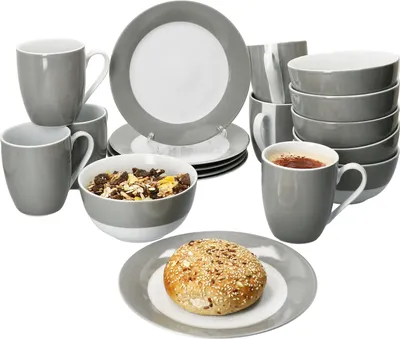 Produktbild von 18tlg Frühstücksset Variant Grau Porzellan 6 Personen Teller Schale Becher
