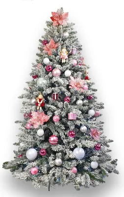 A decorated artificial Christmas tree with white flocking and pink and silver ornaments.