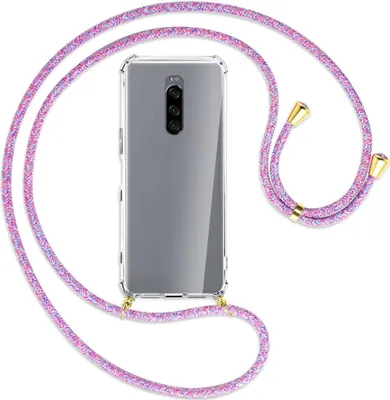 Produktbild von Handykette Backcover-Schutzhülle mit Band (Metall goldfarben) für Sony Xperia 1 - lila/rosa/blau