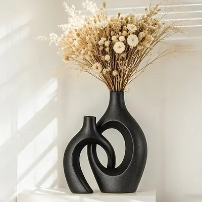 Produktbild von Unyqoos® 2er-Set Keramikvase, modernes Hohl-Design, matt, 28,3 cm – stilvolle Boho/Skandi-Dekoration für Wohnzimmer & Büro