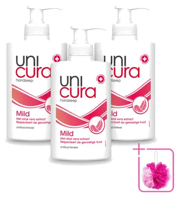 Imagen del producto de 3 unidades de jabón líquido antibacteriano suave Unicura - 250 ml - Paquete económico - 3 piezas