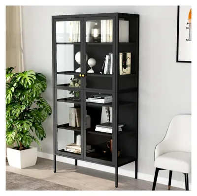 Produktbild von Vitrine mit 4 Regalfächern, Highboard, Hochschrank, Standvitrine, Glasvitrine, Bücherschrank, 90x40x180cm, Stahl, gehärtetes Glas, Anthrazit