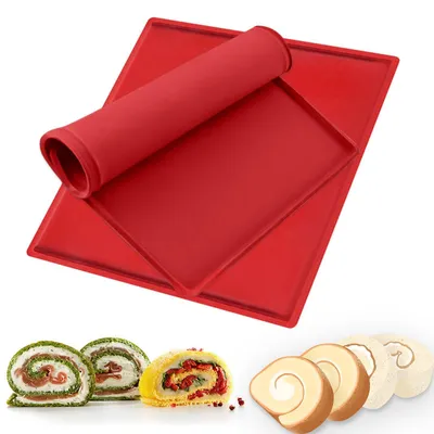 Produktbild von Silikon-Backmatte, 2-teilig, antihaftbeschichtet, große Rollmatte, rutschfestes Backblech für Biskuitrollen, Backform für Biskuitteig zum Kochen, Backen, Kekse (rot)