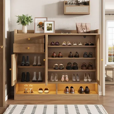 Produktbild von Schuhschrank mit 3 Rattantüren, 2 Schubladen & LED-Beleuchtung, Schuhkommode mit offenem Regal für Flur, 120x35x100 cm, Natur