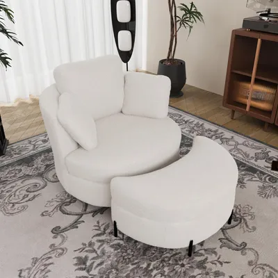 Produktbild von okwish Drehsessel Einsitzer mit Stauraumhocker, Loungesessel mit Kissen und mit 360°-Drehfunktion, Polsterstuhl für Wohnzimmer in Elfenbein
