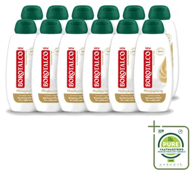 Imagen del producto de 12 unidades de gel de ducha hidratante Borotalco, aroma vainilla y avena, 250 ml, pack grande