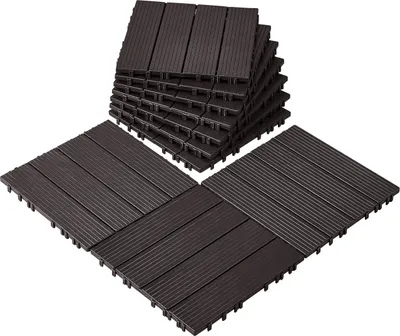 Zdjęcie produktu dla Płytki tarasowe VEVOR, zestaw 10 sztuk, płytki balkonowe 30 x 30 cm, płytki na klik, wodoodporna wykładzina podłogowa z tworzywa sztucznego do zastosowań zewnętrznych, wykładzina tarasowa na werandę, basen, balkon, podwórko, kolor ciemnobrązowy