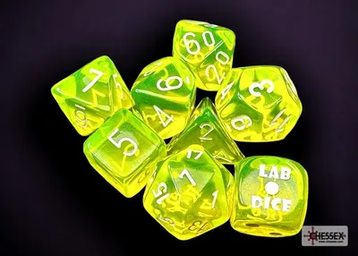 Produktbild von Chessex Würfelset Neon Gelb Weiß Polyhedral 7 Stück + Bonuswürfel