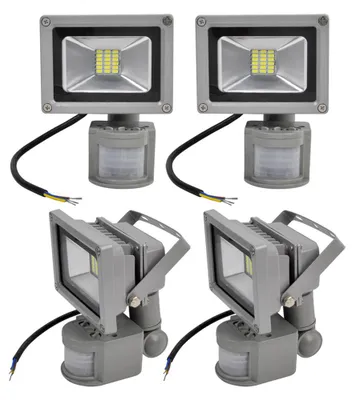 Four LED floodlights with motion sensors are displayed against a white background.