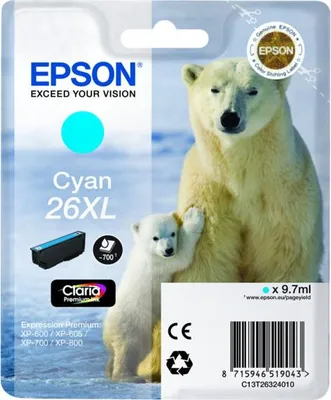 Zdjęcie produktu dla Epson Polar bear Singlepack Cyan 26XL Claria Premium Ink, Cyjan, 9,7 ml, 1 szt., 700 stron(y)