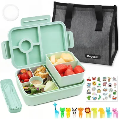 Productafbeelding van Lunchbox voor kinderen met compartimenten, 1300 ml, lekvrij, met lunchtas en bestekset, lichtgroen