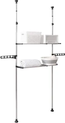 Immagine prodotto di Scaffale telescopico per bagno con 2 regolazioni in altezza, altezza massima 295 cm, larghezza 55 - 97 cm, senza fori di montaggio, ingombro ridotto, sistema telescopico per bagno, nero.