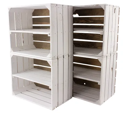 Produktbild von 4er Set weißes/weisses Regal Apfelkiste Zwischenbrett längs 50cm x 40cm x 30cm Schuhregal Obstkiste/Weinkiste Bücherregal Kiste aus Holz Einlageboden