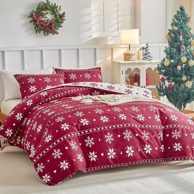 Obrázek produktu pro Sada povlečení na dvojlůžko, rozměr 200x200 cm, červená barva, potisk sněhových vloček, mikrovlákno, 3dílná sada