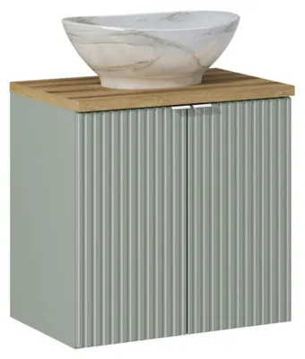 Immagine prodotto di Insieme ELVINA 60cm: mobile sotto lavabo con armadietti in verde salvia grigio + piano per lavabo in aspetto legno scuro + lavabo da appoggio marmoreo