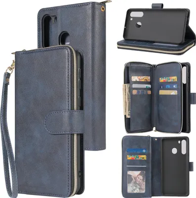 Produktbild von Für Samsung A01/A21/A31/A41/A51 Kunstleder Handyhülle Reißverschluss Tasche + Handschlaufe blau