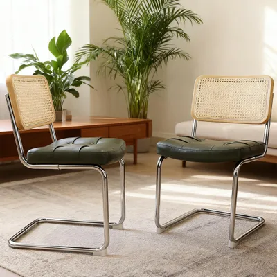 Produktbild von LVHOM 2er Set Freischwinger im Bauhaus Stil, Esszimmerstuhl mit Rattan-Rücken, gesteppter Kunstleder Polsterstuhl, Retro Design, Dunkelgrün