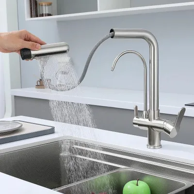 Productafbeelding van Geborstelde 3-wegkraan met uittrekbare handdouche en gefilterde wateruitgang