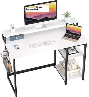 Productafbeelding van Unyqoos® Bureau met verstelbare monitorstandaard – Computerbureau met opbergtas en hoofdtelefoonhouder, wit, 100 x 50 x 74 cm