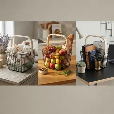 Productafbeelding van Metalen fruitmand met houten handvat, 25 x 25 x 18,5 cm, zwart