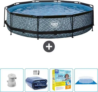 Produktbild von Schwimmbecken Rundes Steingefäß - 360 x 76 cm - Mit Solarpumpe und Sonnenschutz - Inklusive Wartungspaket - Bodenseil - Jetzt besonders günstig