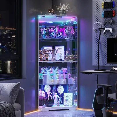 Obrázok produktu pre Sklenená vitrína, stojaca, výška 164 cm, s RGB osvetlením, 4 police, biela