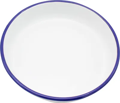 A top-down view of an empty, round enamel baking dish with a blue rim.