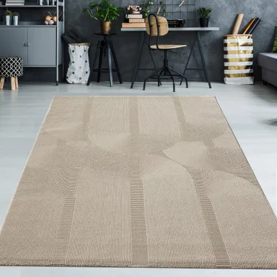 Zdjęcie produktu dla Dywan z recyklingu o nowoczesnych owalnych kształtach w kolorze beżowym, rozmiar - 80 x 300 cm