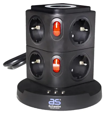 Zdjęcie produktu dla as-Schwabe 18221 as-Schwabe QI-Wireless Ladestation 8-fach Steckdosenturm 2,0 m schwarz