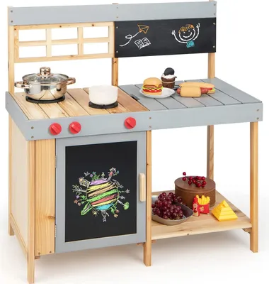 Obrázek produktu pro COSTWAY Dětská venkovní bahenní kuchyňka, dětská kuchyňka s panely a pohyblivou pracovní deskou, dřevěná zahradní kuchyňka, pro děti od 3 let