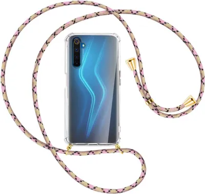 Produktbild von Handykette Backcover-Schutzhülle mit Band (Metall goldfarben) für Realme 6 Pro - rosa Karo