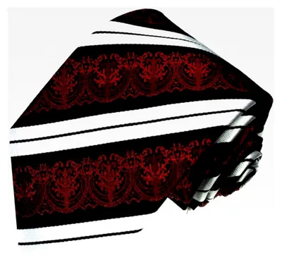 Produktbild von Designer Krawatte aus 100% Seide - Barock Krawatte in Rot, Schwarz und Weiß mit Streifen