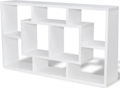 A white, multi-compartment wall shelf unit.